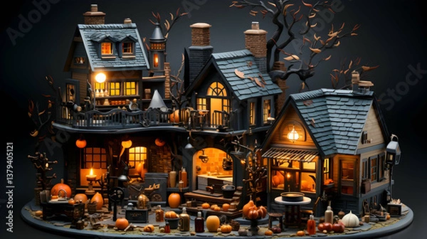 Obraz Spooky Halloween House with Pumpkins and Candles on Dark Background for Holiday Celebration and Festive Design with Autumnal Colors and Rustic Village Setting