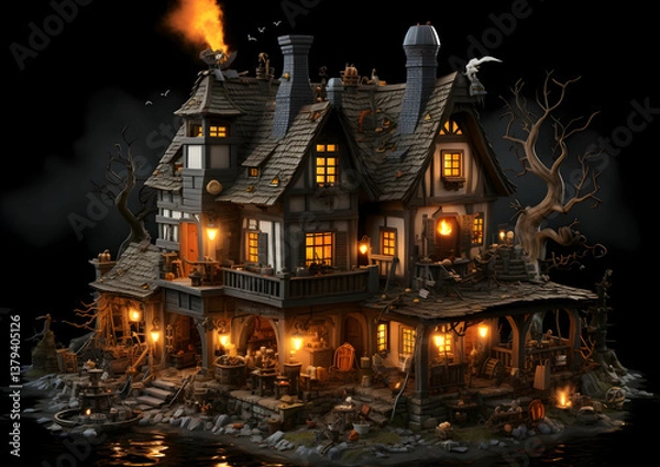 Obraz Spooky Halloween Theme Stone House with Orange Lights and Bare Trees on Misty Night Architecture in Pixel Art