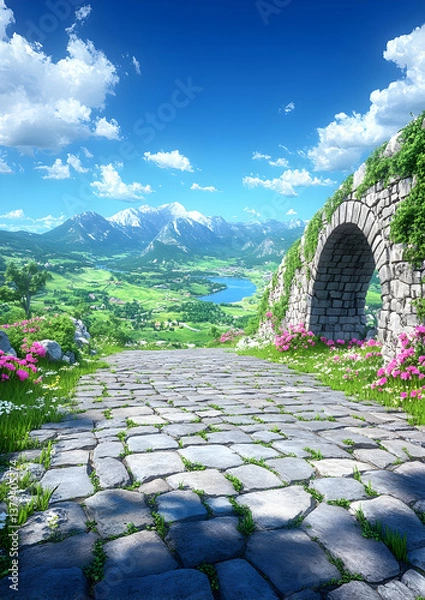 Obraz Stone Pathway Leading to Mountain View Through Archway with Green Valley and Alpine Peaks Under Blue Skies