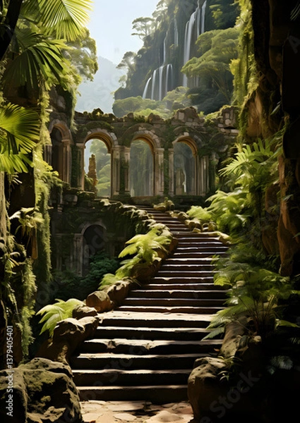 Obraz Stone Staircase Leading to Ancient Ruins Surrounded by Lush Green Foliage and Distant Waterfalls Under Bright Sunlight