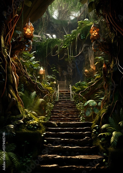 Obraz Stone Stairway Leading Through Lush Green Jungle Foliage with Golden Lanterns Illuminating the Path in Tropical Forest