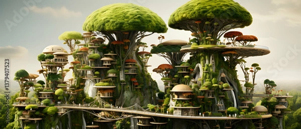 Obraz Verdant Treehouse Cityscape Featuring Unique Architecture in an Elevated Forest Setting Against Sky Background