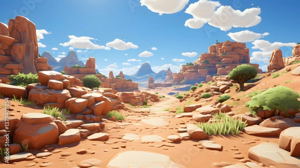 Obraz Vibrant Desert Landscape with Red Rock Formations Under a Blue Sky and Sparse Vegetation in a Mountainous Valley Sunny Daytime Scenic View