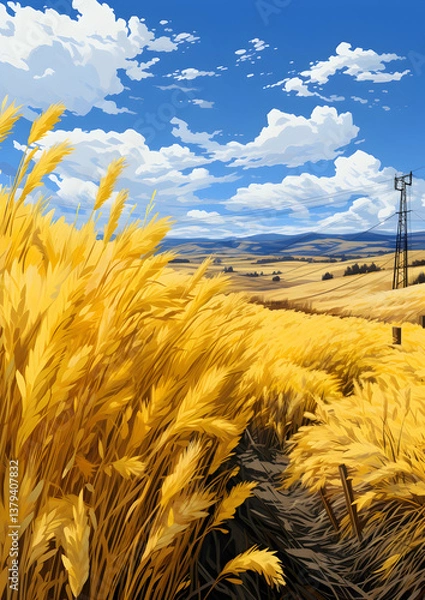 Obraz Vibrant Golden Wheat Field Under a Blue Sky with Puffy White Clouds on a Sunny Day in a Rural Landscape