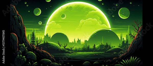 Obraz Vibrant Green Pixel Art Landscape with Glowing Moon and Futuristic City Silhouettes Under a Starry Sky Fantasy Scene