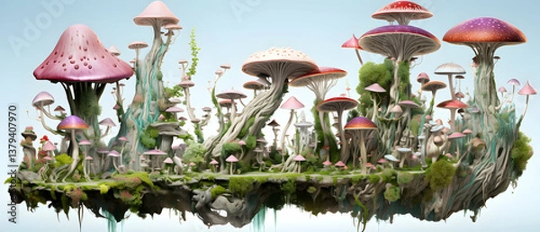 Obraz Vibrant Mushroom Forest Landscape Featuring Pink and Red Capped Fungi Covered in Moss and Vines on a Mound Floating in a Clear Sky