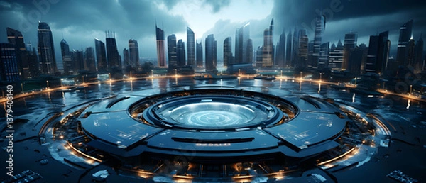 Obraz Vibrant Nightscape of Futuristic Metropolis with Circular Platform Under a Cloudy Sky Reflecting City Lights and Modern Architectural Design