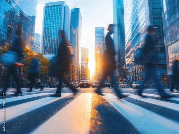 Fototapeta A cinematic shot of people crossing a busy street with towering skyscrapers in the background, City Life, Modern and dynamic