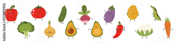 Obraz Flat style illustration of various cute vegetables with happy faces and limbs, perfect for healthy eating themes, childrens designs, educational materials, and kitchen decor