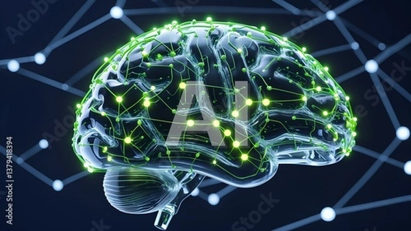 Fototapeta Futuristic AI Brain Bioluminescent Green Synapses & Tech Circuitry (8K 3D Render)
