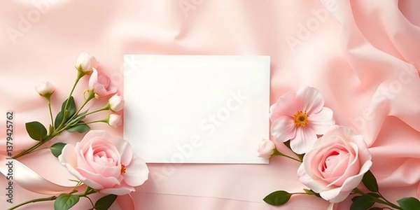 Fototapeta A soft cinematic haze with soft pastel colors. A blank Mother’s Day greeting card is surrounded by elegant pastel flowers, ribbons, and a soft pink fabric backdrop. The style is a gentle and soothing 