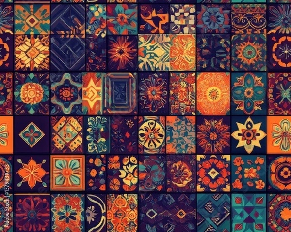 Fototapeta Varied square tiles feature different colorful patterns & designs on a wall background tile pattern