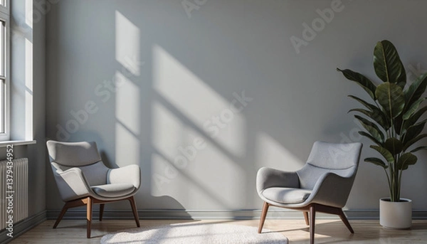 Fototapeta Room with light walls, two retro armchairs by the wall, and a large potted plant with big green leaves