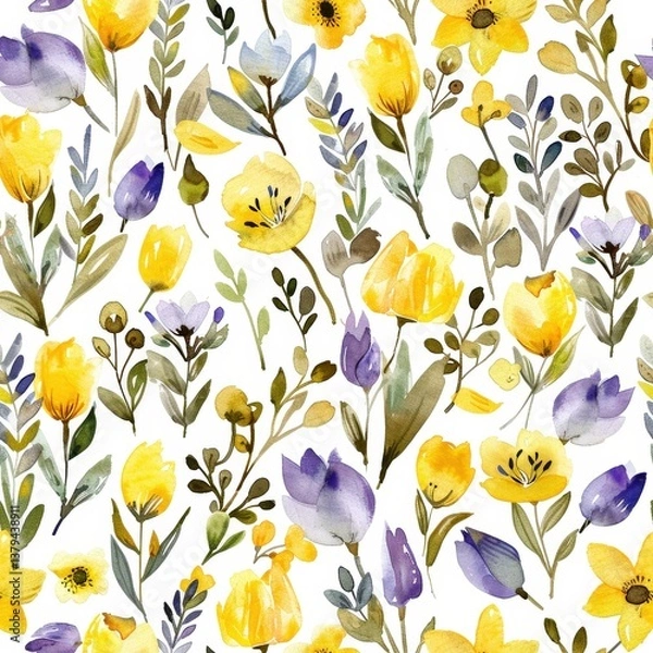 Fototapeta Watercolor floral pattern with yellow and purple flowers on a white background tile pattern
