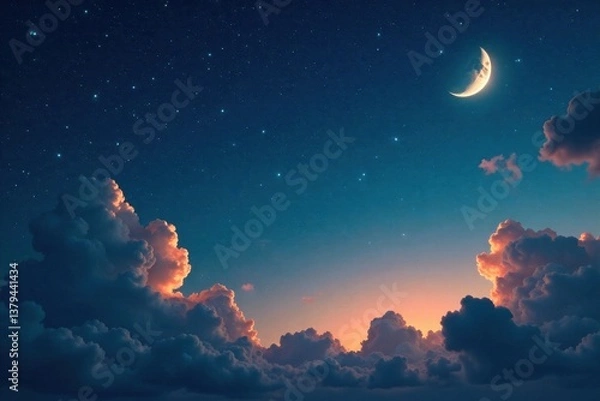 Obraz Vintage starry night sky with scattered clouds and crescent moon, crescent moon, sky, clouds