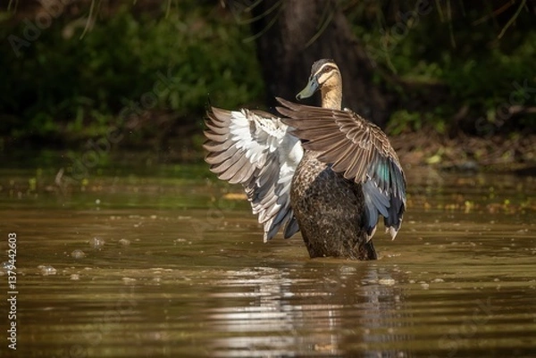 Obraz A Pacific Black duck flapping its wings to dry them after cleaning and preening, showing its distinctive green feather panel in a pond at Arundel Wetlands on the Gold Coast in Queensland, Australia.