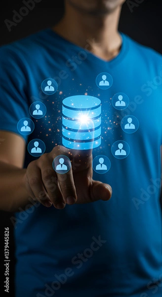 Fototapeta glowing Businessman touching real time database icon surrounded,A futuristic holographic interface displaying a vibrant database with connected user profiles, as a person interacts to manage data seam
