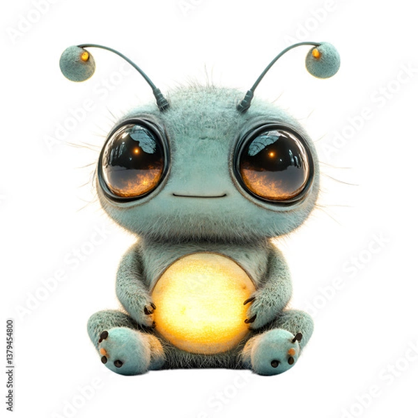 Fototapeta Fluffy 3D Cartoon Alien with Plush Antennae and Big Eyes Isolated on Transparent Background