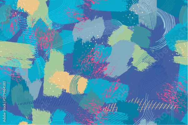 Fototapeta Seamless abstract pattern with colorful brushstrokes, splashes, and curved lines in blue, green, and beige. Vibrant artistic background with a dynamic composition for modern digital and textile design