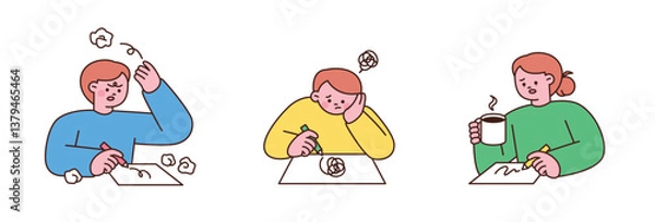 Obraz Cute flat style illustrations of struggling artists with creative block. People thinking hard, feeling stuck, and drinking coffee while writing or drawing.