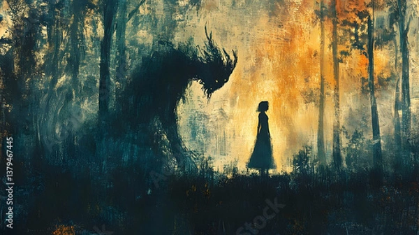 Obraz A young girl confronts a dark shadowy creature in a forest