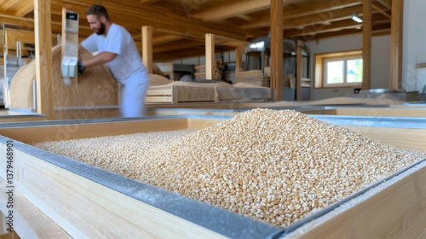 Obraz A worker in a mill sifts grain into a wooden bin