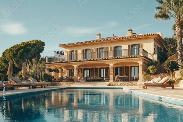 Fototapeta Luxury villa with pool, patio, and palm trees.