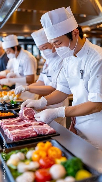 Fototapeta Chefs in white uniforms and masks prepare raw meat and vegetables