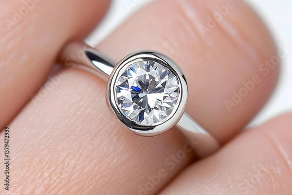 Fototapeta Close-up of a hand showcasing a solitaire diamond ring with a bezel setting