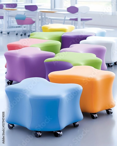 Obraz Colorful, mobile, star-shaped seating arranged in a classroom