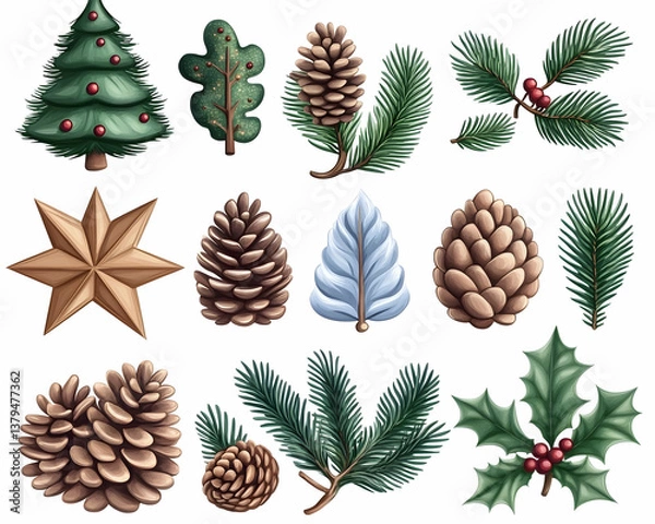 Fototapeta Festive winter flora and star elements