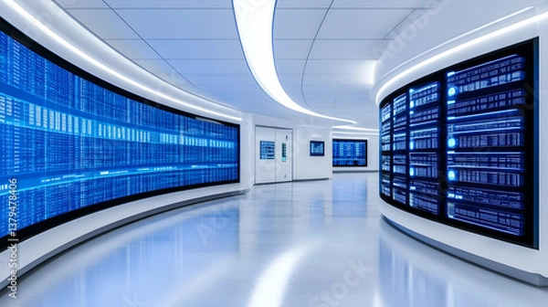 Obraz Futuristic data center corridor with large curved screens displaying blue digital information