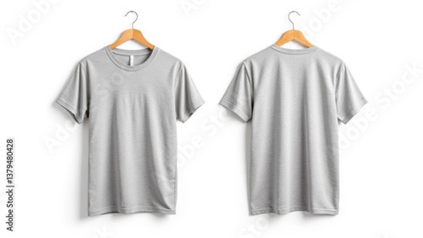 Fototapeta Minimalistic Gray T-shirt Front and Back Mockup on Wooden Hanger for Apparel Design Presentation