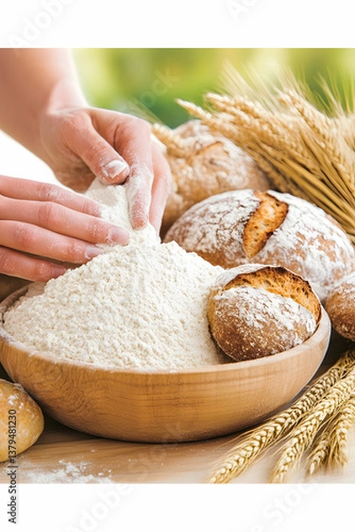 Fototapeta Hands gently pouring flour onto a pile of baked bread and wheat