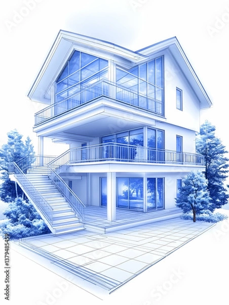 Obraz Modern two-story house architectural rendering with large windows and exterior stairs