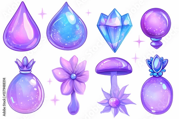 Obraz Purple and blue fantasy potion, crystal, and flower elements