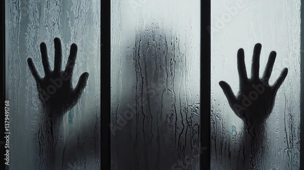 Obraz Silhouette of a person with hands pressed against wet glass