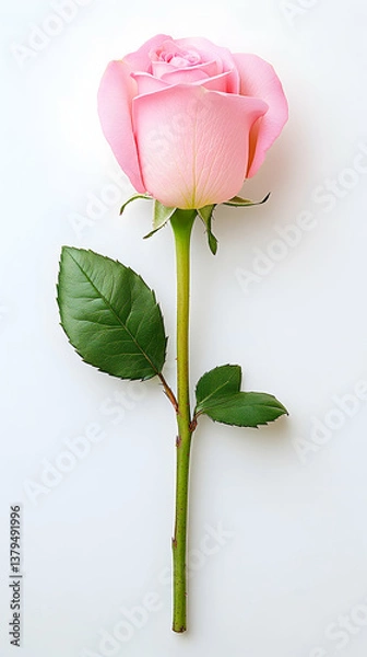 Obraz Single pink rose stem on white background
