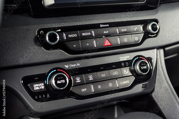 Obraz Vinnitsa, Ukraine - February 19, 2017.KIA Niro concept car.Inside the car,interior of the carFront of the car,front-side, logo KIA Niro,logo ECO hybrid.Presentation of the new model car - KIA Niro