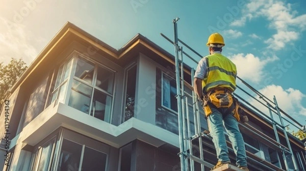 Fototapeta Construction worker on scaffolding overlooking a modern house under construction