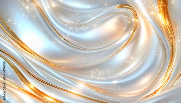 Obraz Swirling white and gold abstract background with glowing particles