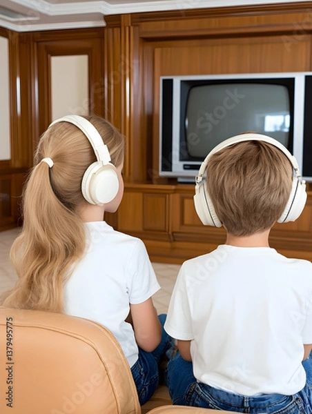 Obraz Two children wearing headphones sit in front of an old television in a luxurious room