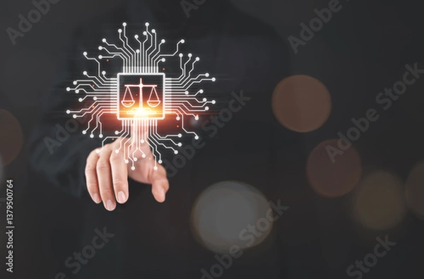 Obraz Justice and laws concept. AI ethics or AI law, developing AI codes of ethics. Compliance, regulation, standard and business policy. Businesswoman touching law technology symbol on virtual screen.