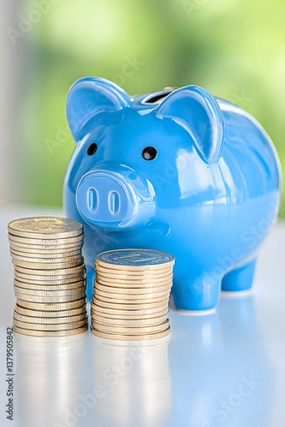 Fototapeta Blue piggy bank with two stacks of coins on a bright surface against a blurred green background