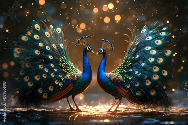Obraz Two peacocks displaying feathers facing each other on reflective surface