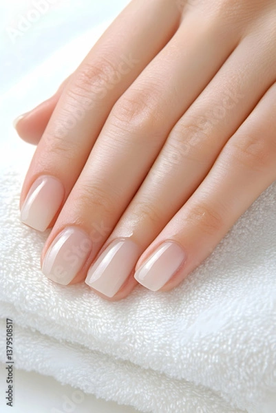 Obraz Close-up of well-manicured, pale-pink nails resting on a white towel