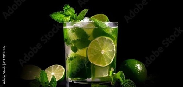 Fototapeta Refreshing drink: A glass filled with a vibrant mix of fresh mint, sliced lime, and ice, set against a dark background for a cool and zesty visual.