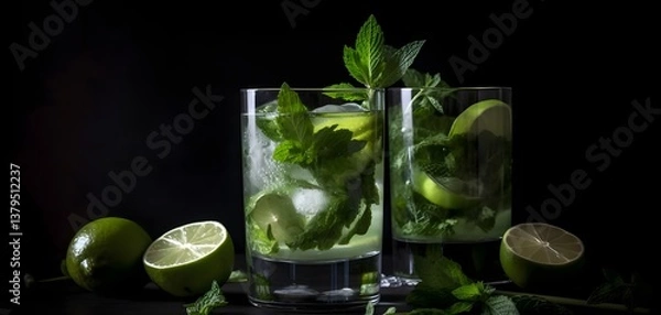 Fototapeta Refreshing beverages filled with fresh mint, lime, and ice, beautifully presented against a dark backdrop, perfect for a summer refreshment.