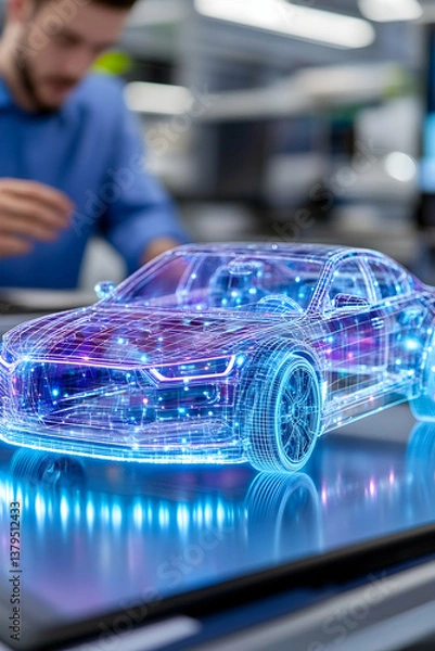 Obraz Engineer reviewing a futuristic car's digital model