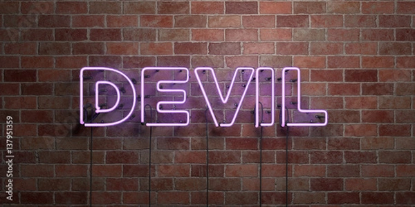 Fototapeta DEVIL - fluorescent Neon tube Sign on brickwork - Front view - 3D rendered royalty free stock picture. Can be used for online banner ads and direct mailers..